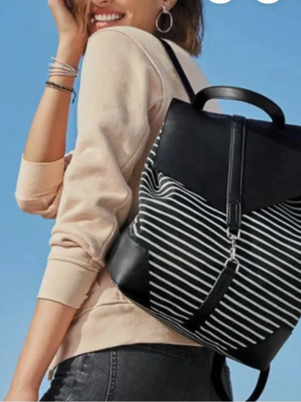 Stella & Dot Black and White Striped Backpack Purse